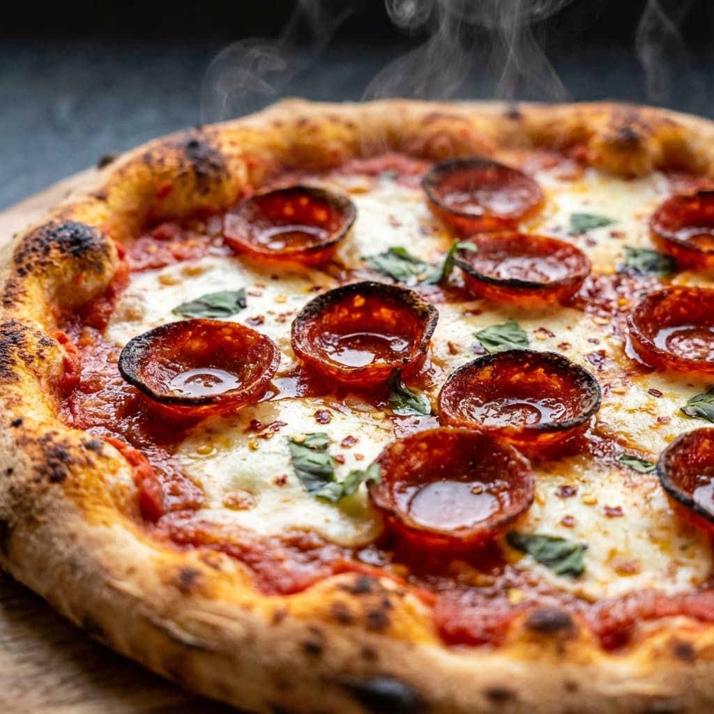 Frissen sült pepperoni pizza